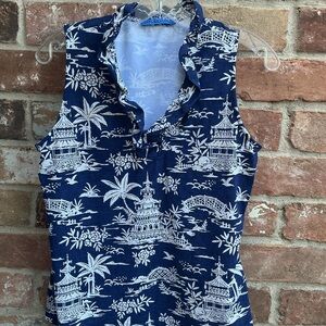 Sleeveless Navy Blue Pagoda Print Top size medium